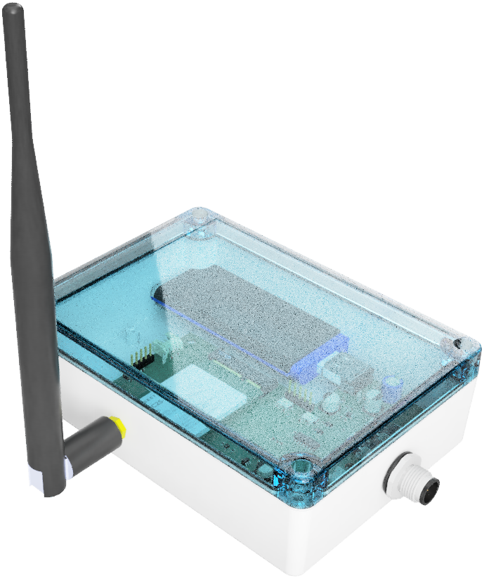 La passerelle Awaro : boîtier étanche IP67 au couvercle transparent, antenne LoRa