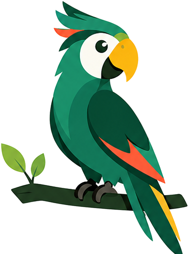 Awaro, le perroquet mascotte, perché sur sa branche