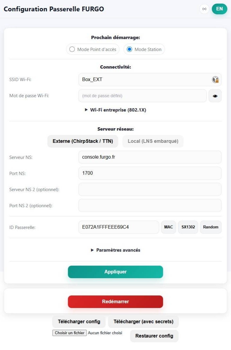Page de configuration d'Awaro : WiFi, WiFi entreprise 802.1X, choix du serveur réseau externe ou local, identifiant de passerelle, plan de fréquence